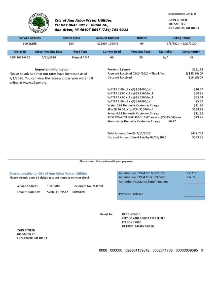 USA Michigan City Of Ann Arbor Water Utilities Bill Word And PDF Template