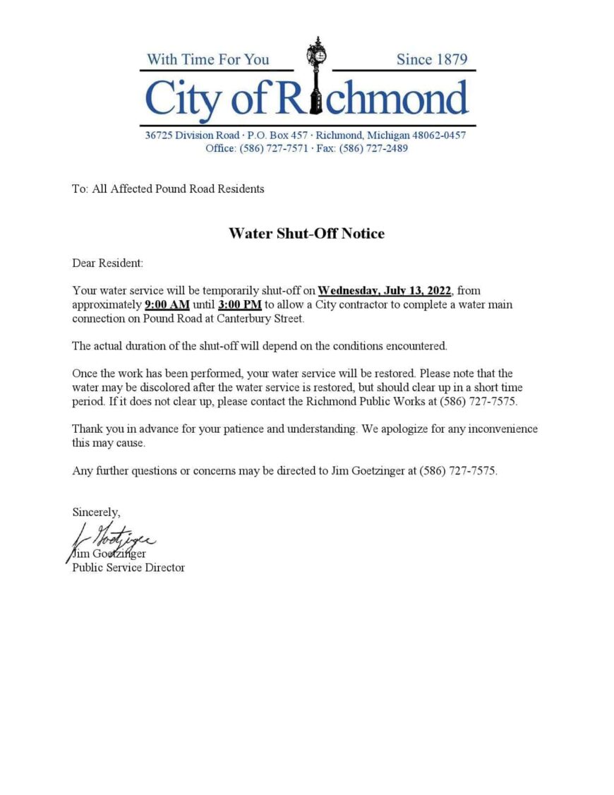 USA Michigan City of Richmond Water Utility Bill Shutoff Notice Word And PDF Template