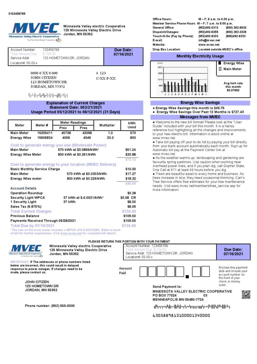 USA Minnesota Valley Electric Cooperative MVEC Utility Bill Word And PDF Template