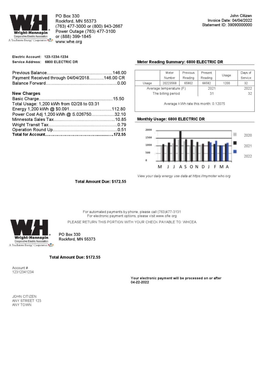 USA Minnesota Wright Hennepin utility Bill Word And PDF Template