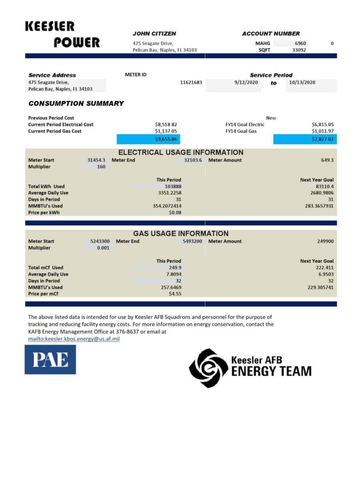 USA Mississippi Keesler AFB Energy Utility Bill Word and PDF Template