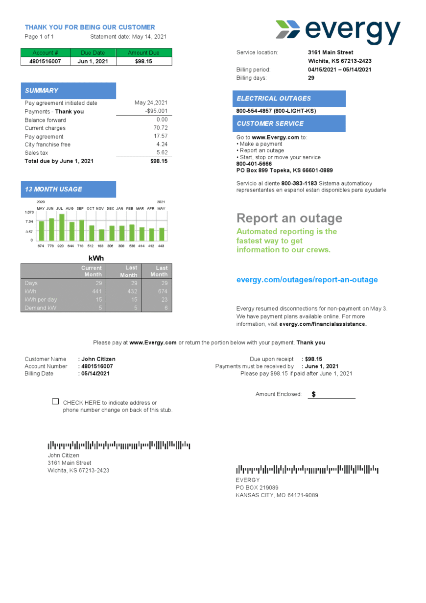 USA Missouri Evergy Electricity Utility Bill Word And PDF Template