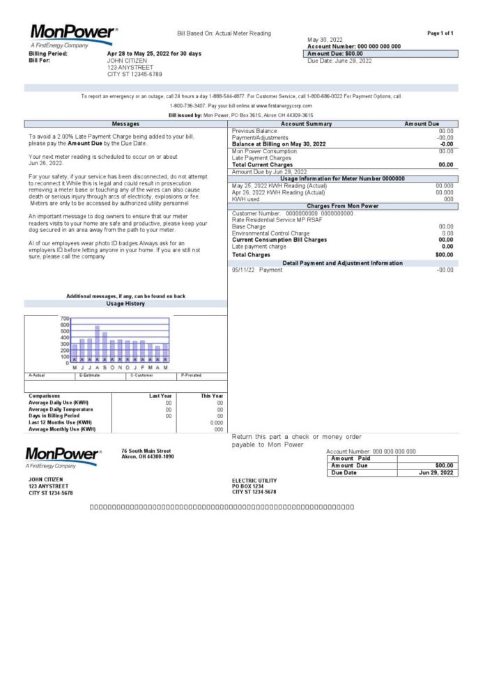 USA Mon Power Utility Bill Template In Word And PDF Format