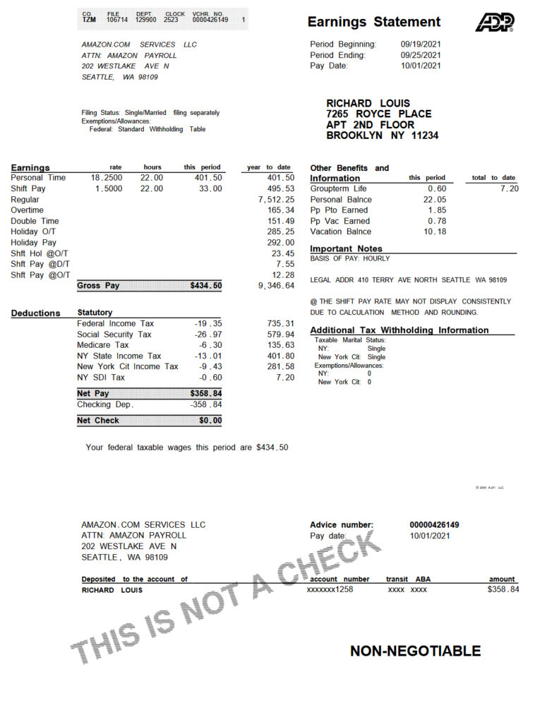 USA NewYork Amazon Pay Stub Template in Word and PDF Format