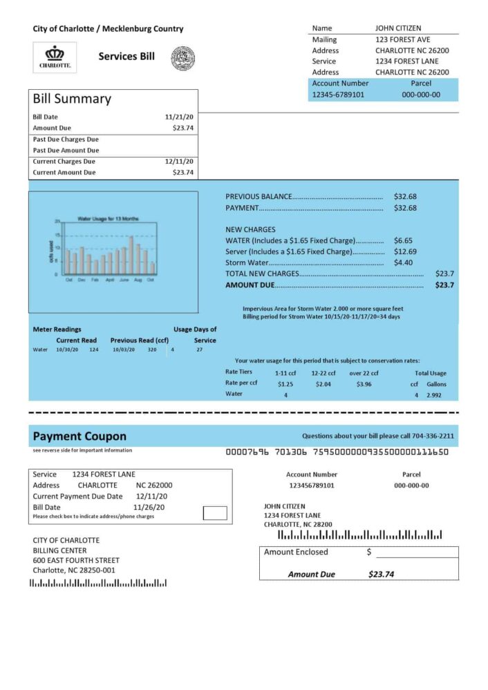 USA North Carolina City Of Charlotte Water Utility Bill Word And PDF Template