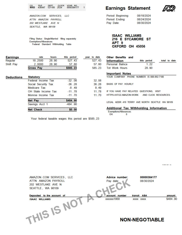 USA Ohio Amazon Pay Stub Template in Word and PDF Format