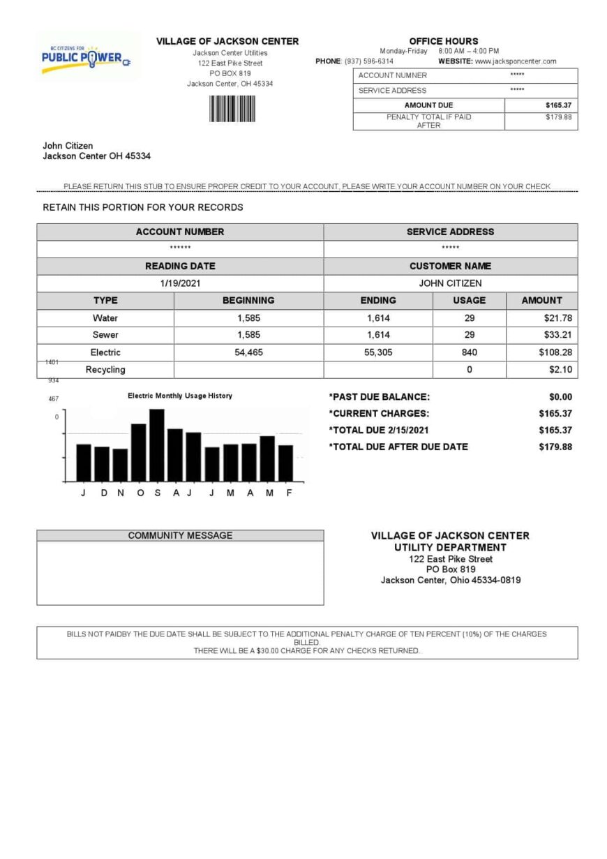 USA Ohio Village of Jackson Center Public Power Utility Bill Word And PDF Template
