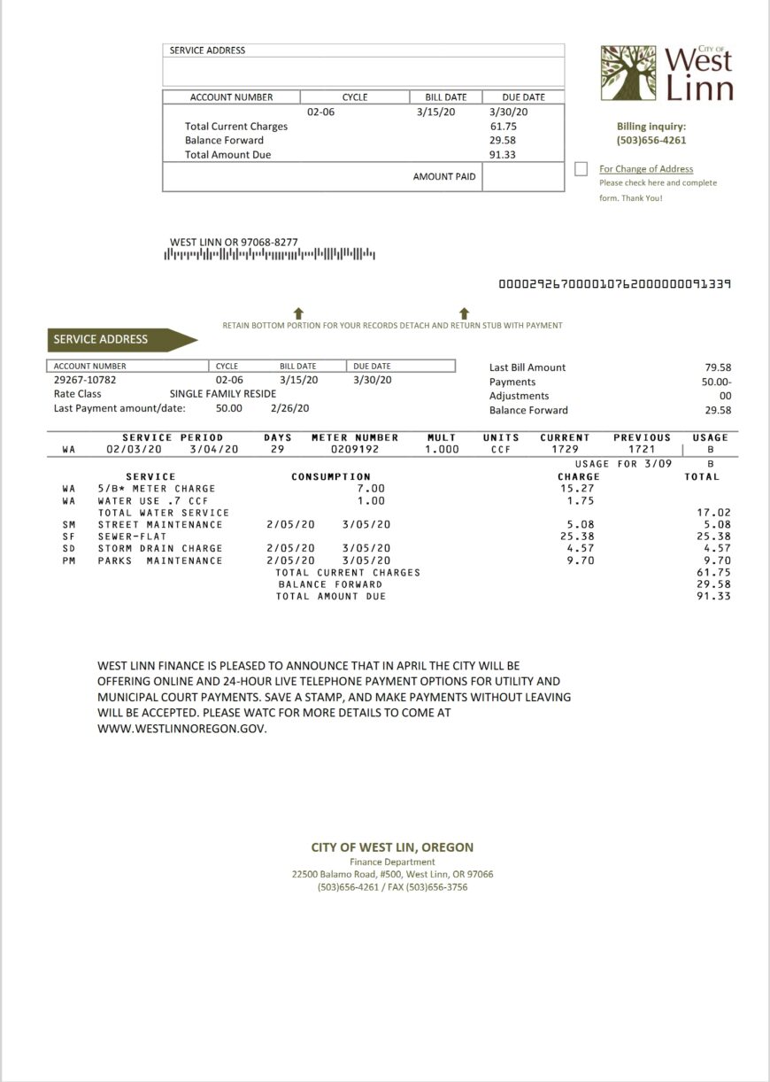USA Oregon City Of West Linn Utility Bill Template In Word And PDF Format