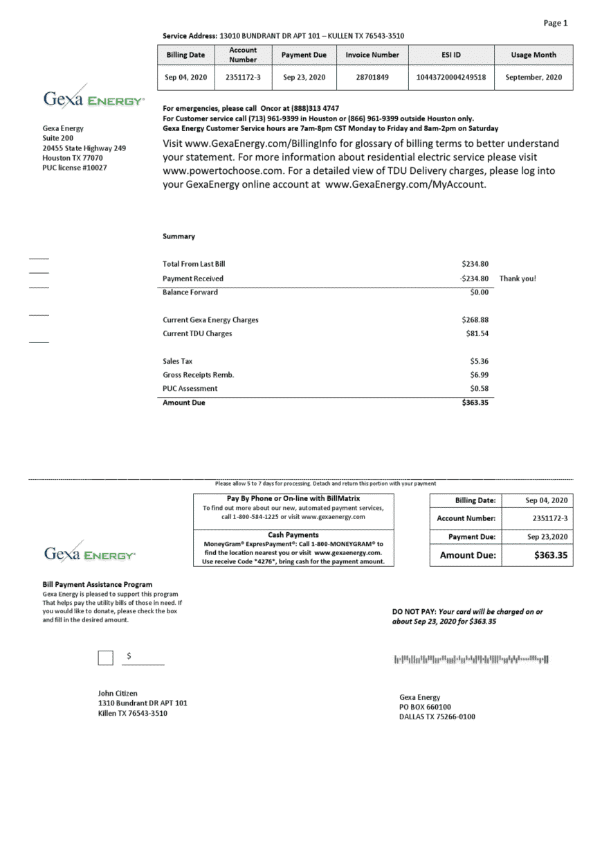 USA Texas Gexa Energy Utility Bill Template In Word Format