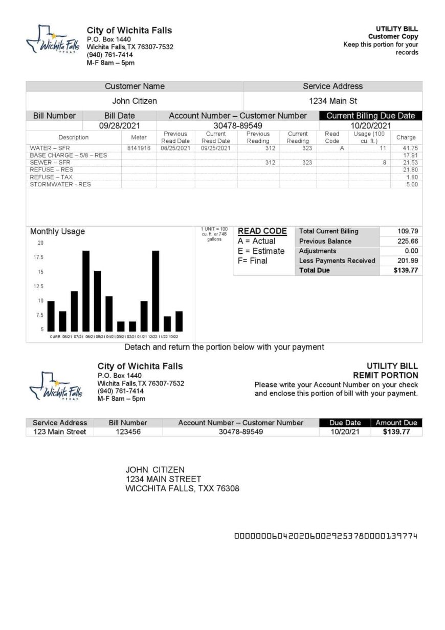 USA The City Of Wichita Falls Utility Bill Template In Word And PDF Format