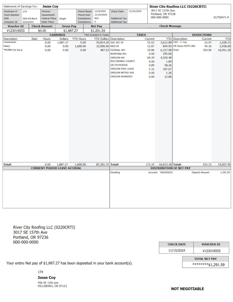 United States Coy Pay Stub Template in Word and PDF Format