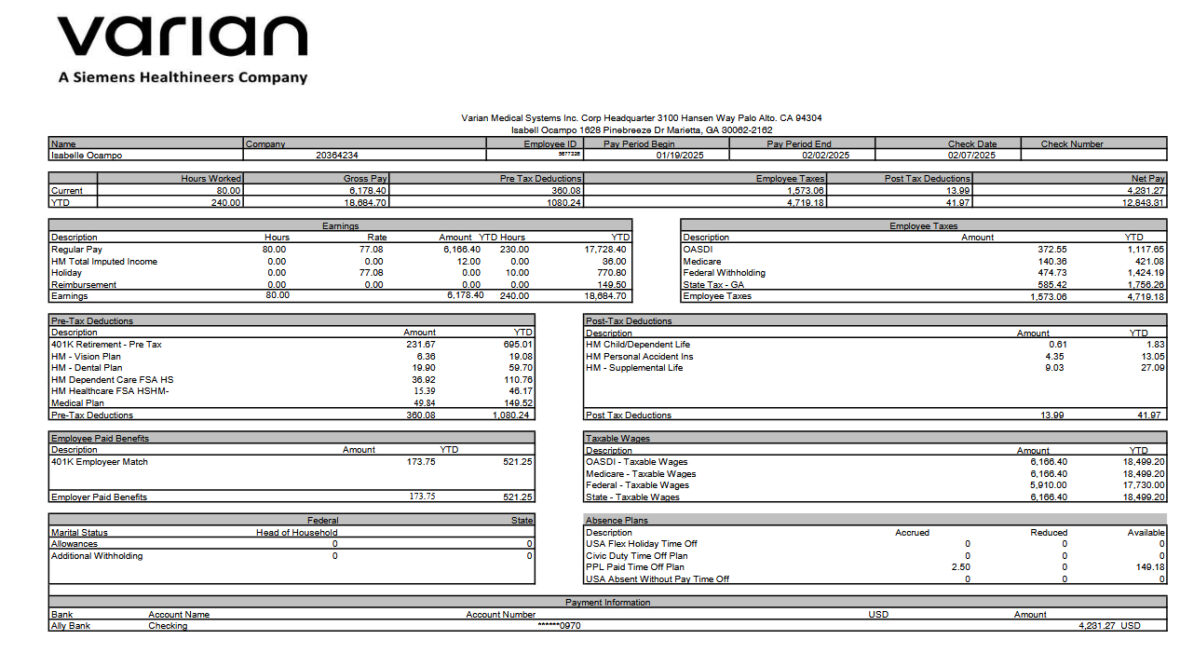 United States Varian Pay Stub Template in Word and PDF Format