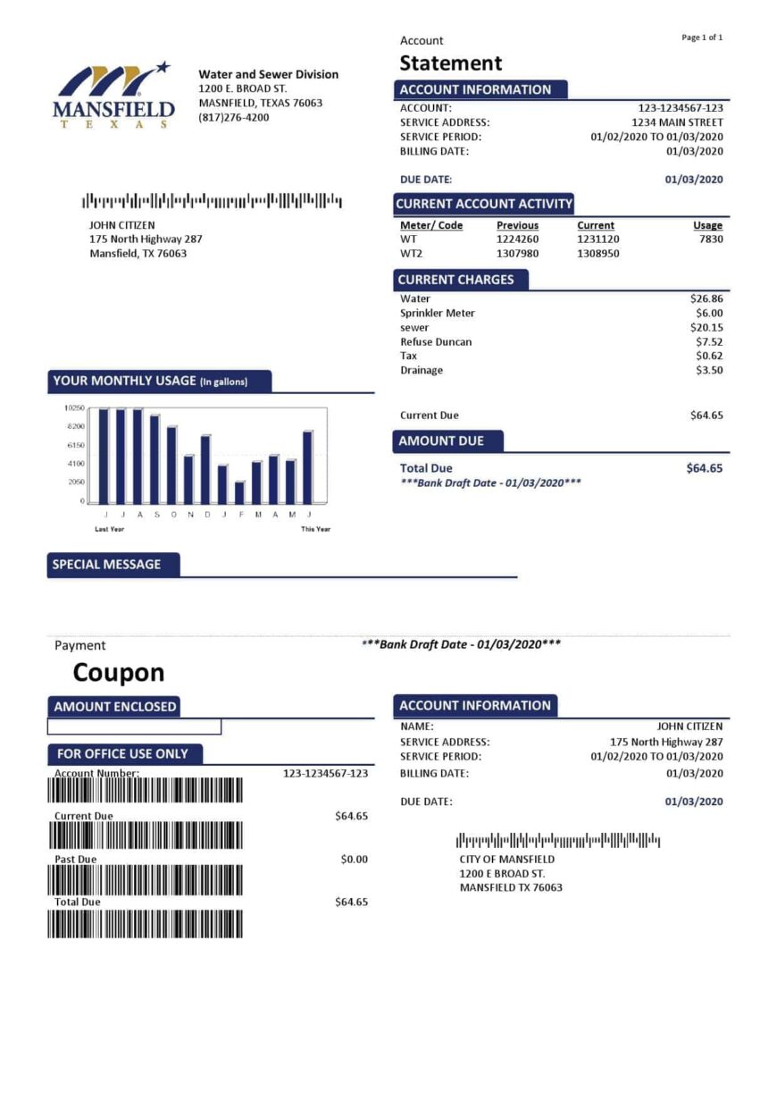 Usa Mansfield Texas Utility Bill Template In Word And PDF Format