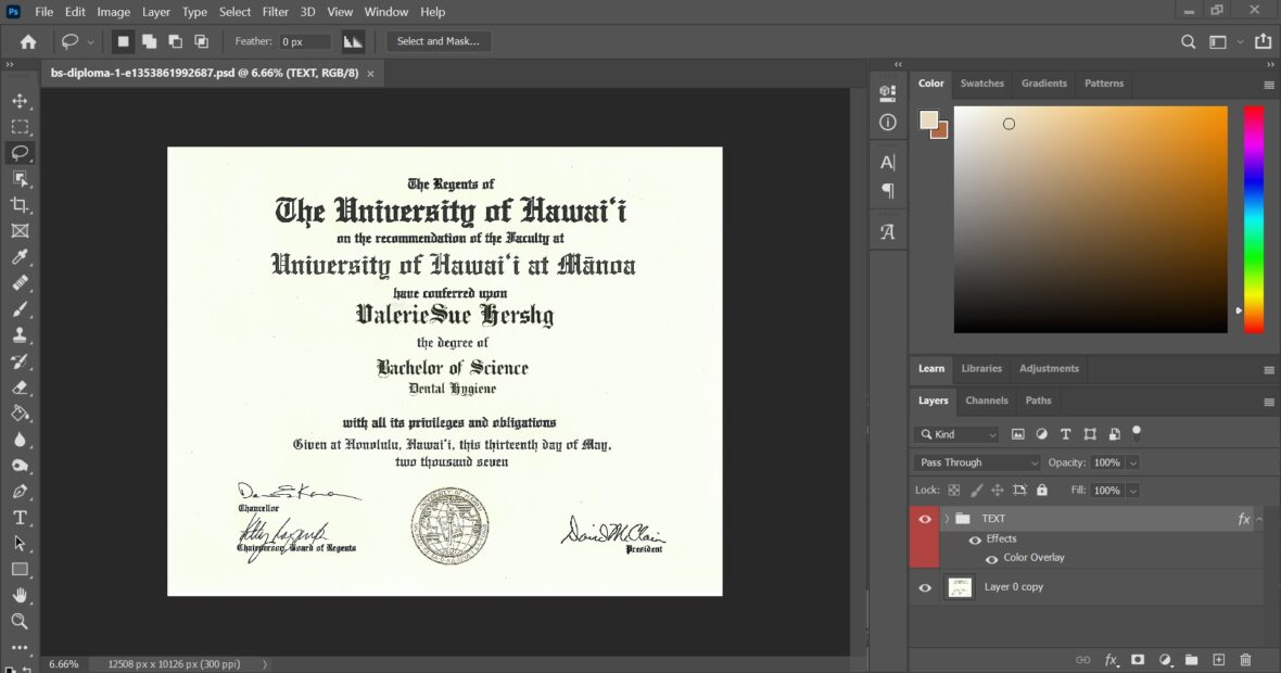 Authentic Looking Fake Certificate From Hawaii AT Manoa University PSD Template
