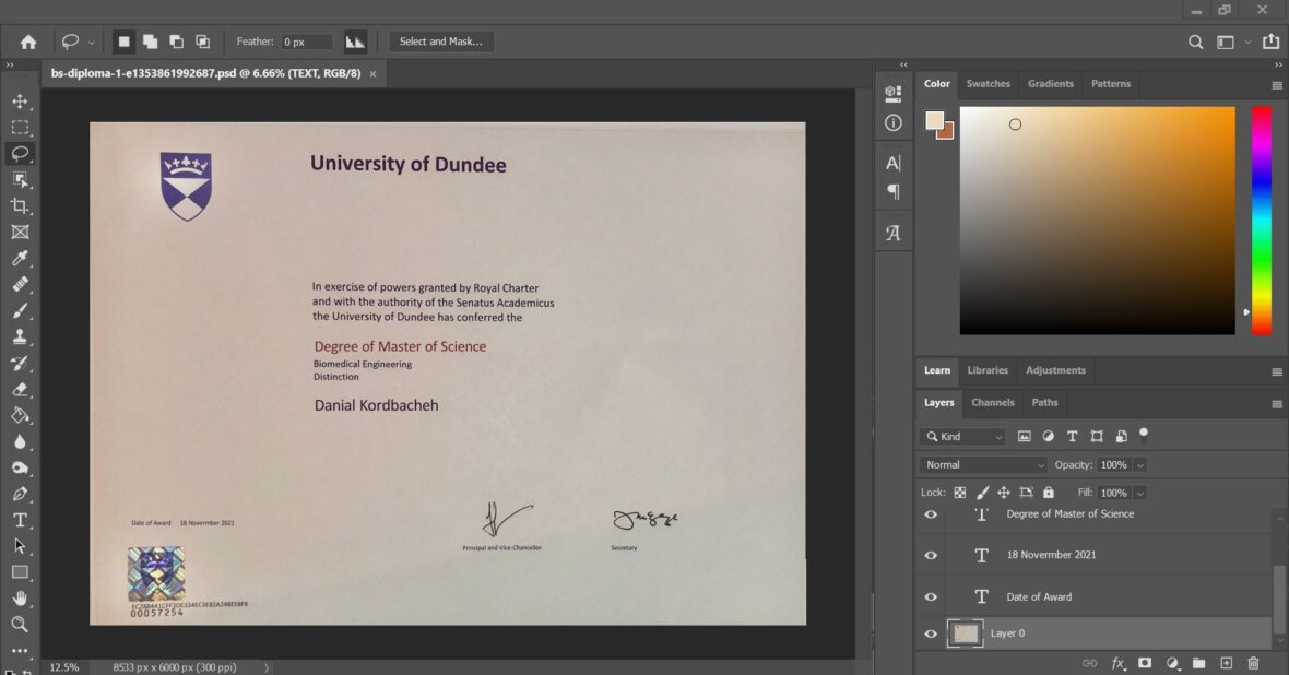 Authentic Looking Fake Certificate From University Of Dundee PSD Template