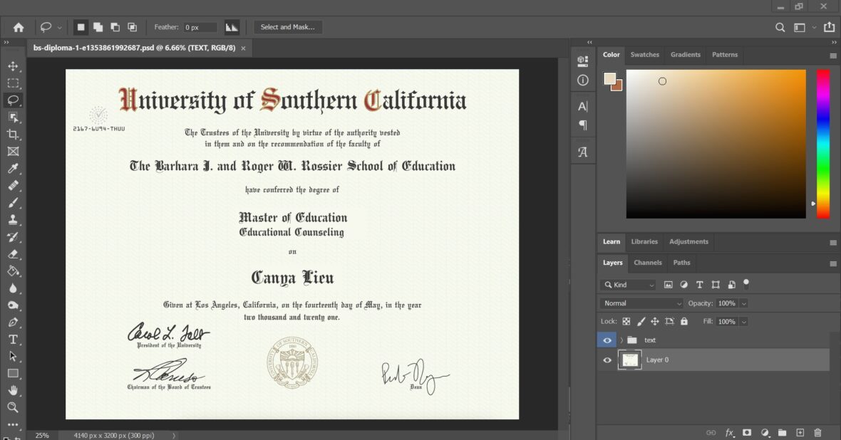 Authentic Looking Fake Certificate From University Of Southern California PSD Template