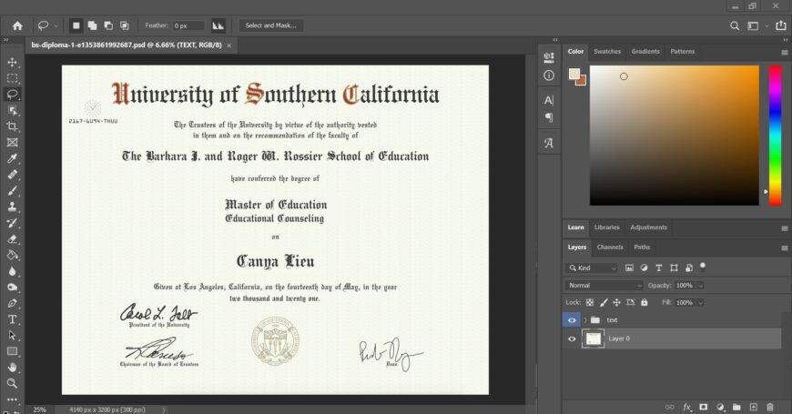 Authentic Looking Fake Certificate From University Of Southern California PSD Template