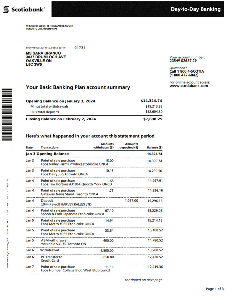 Canada Scotiabank E-Statement Template in Word and PDF Format
