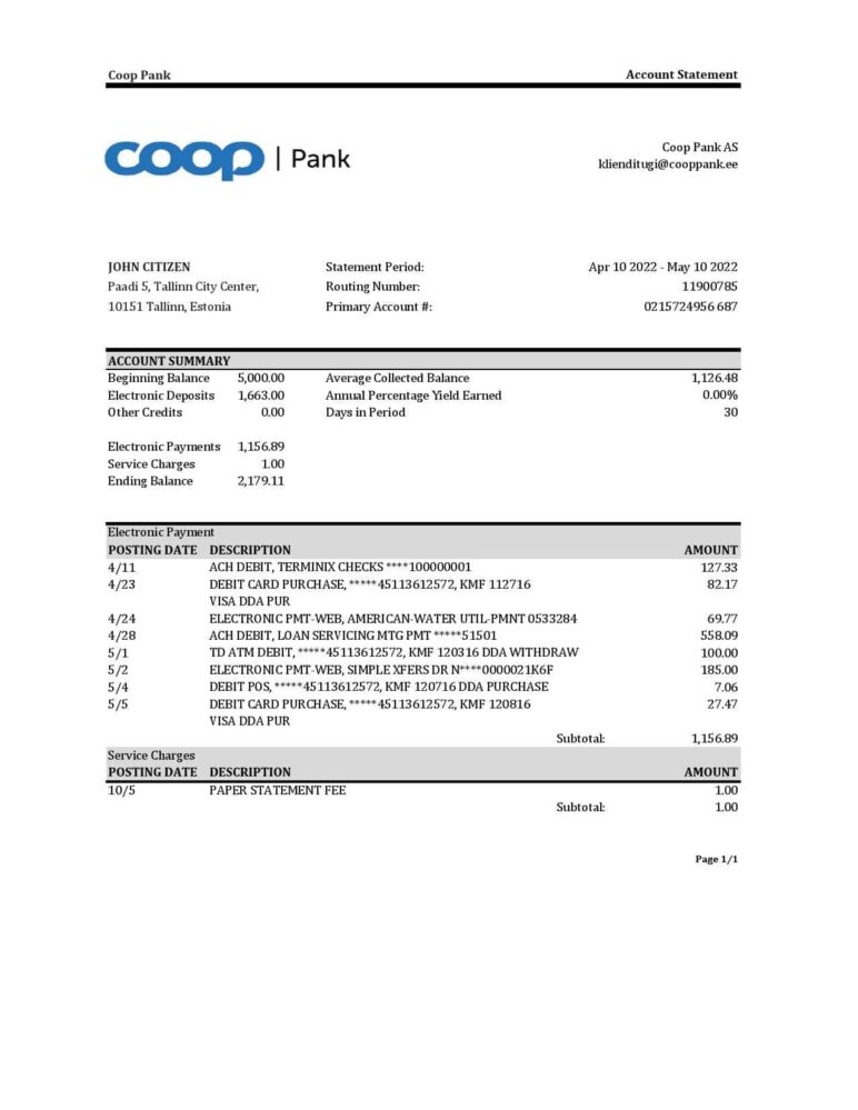 Estonia Coop Pank Bank Statement Excel And PDF Template