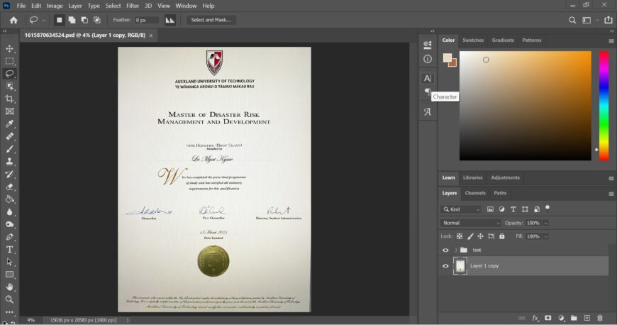 Fake Certificate From Auckland University Of Technology PSD Template