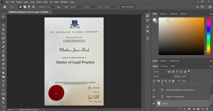 Fake Certificate From Australian National University PSD Template