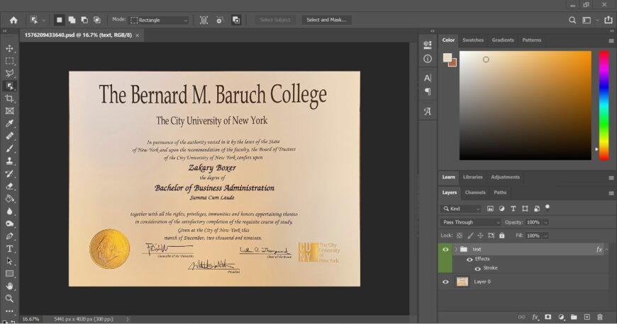 Fake Certificate From Bernard M. Baruch College PSD Template