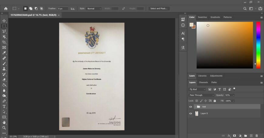 Fake Certificate From Birmingham City University PSD Template