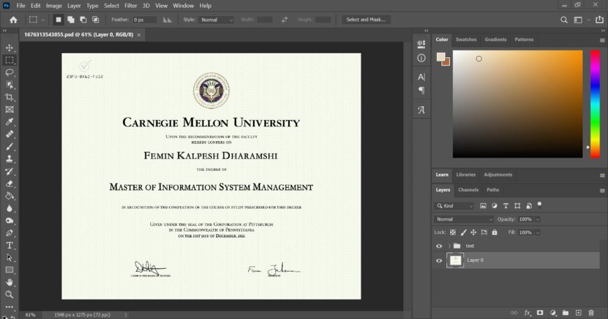 Fake Certificate From Carnegie Mellon University PSD Template