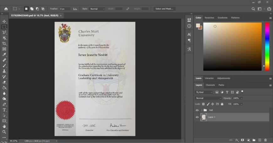 Fake Certificate From Charles Sturt University PSD Template
