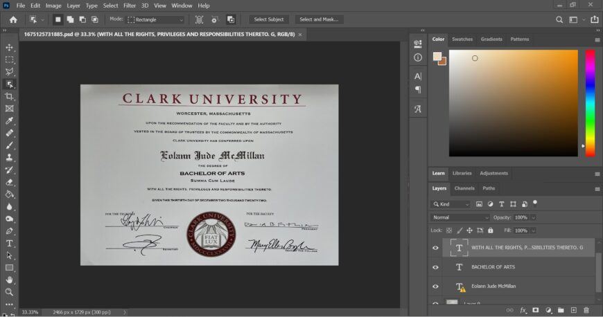 Fake Certificate From Clark University PSD Template