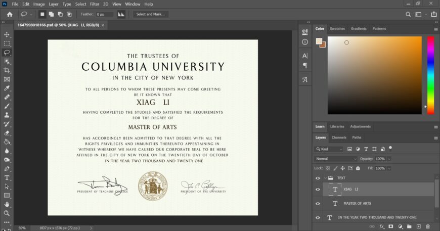 Fake Certificate From Columbia University PSD Template