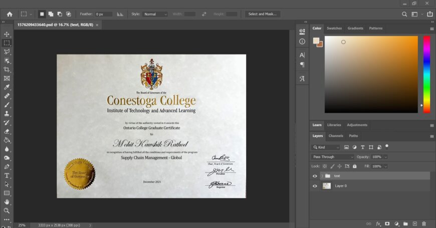 Fake Certificate From Conestoga College BBA PSD Template