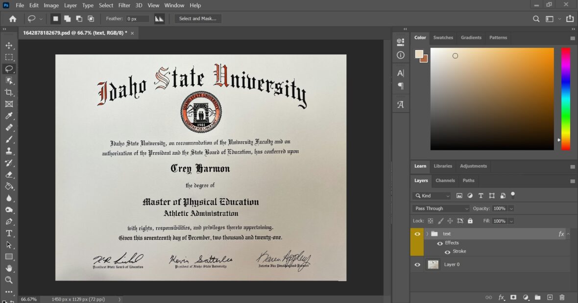 Fake Certificate From Idaho State University PSD Template