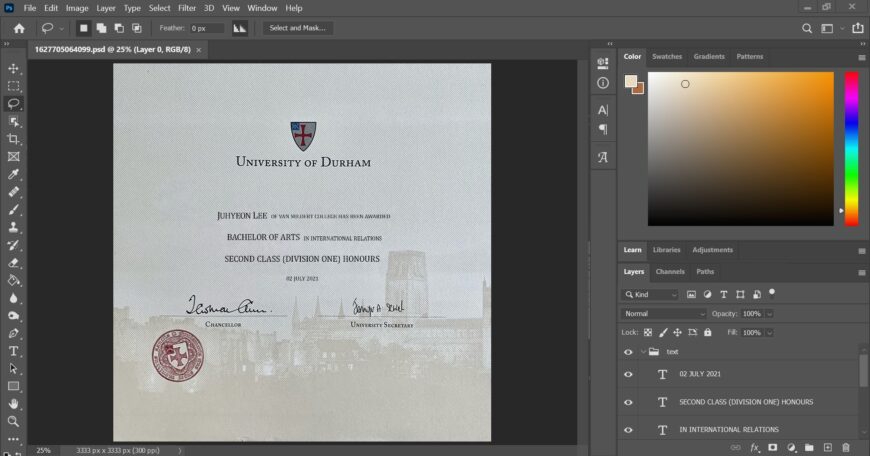 Fake Certificate from Durham University PSD Template
