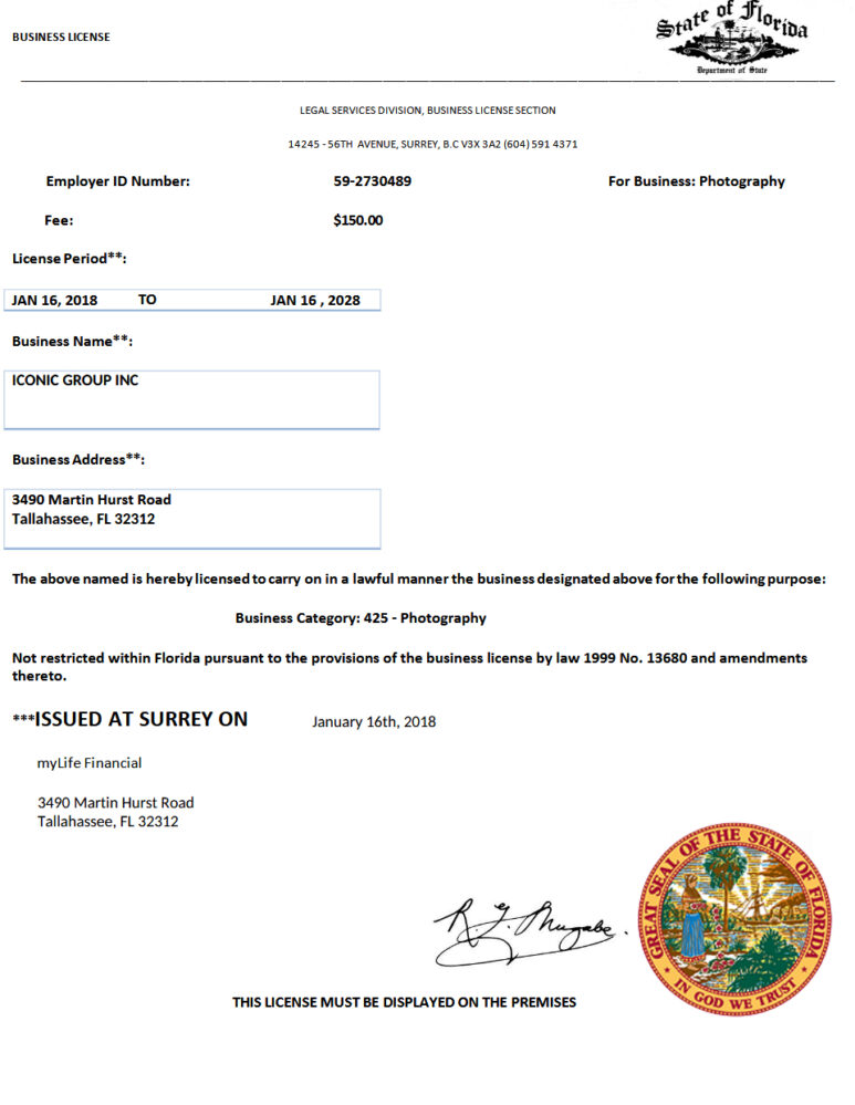 Florida Business License Template for Photography in Word and PDF Format