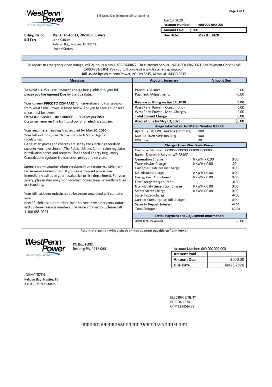 Free Download USA Pennsylvania West Penn Power Utility Bill Word And PDF Template