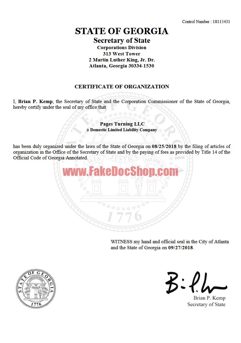 Georgia LLC Certificate of Organization Template in Word and PDF Format