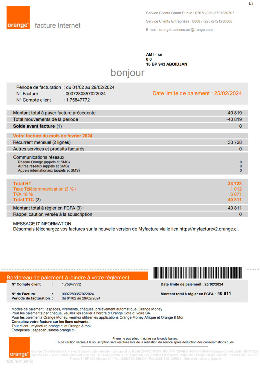 Ivory Coast Orange Côte d'Ivoire Invoice Template in Word and PDF Format