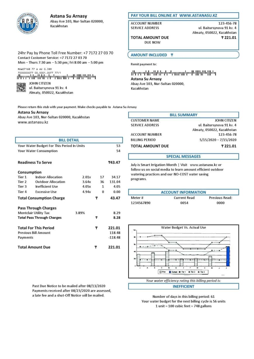 Kazakhstan Astana Su Arnasy Utility Bill Word And PDF Template