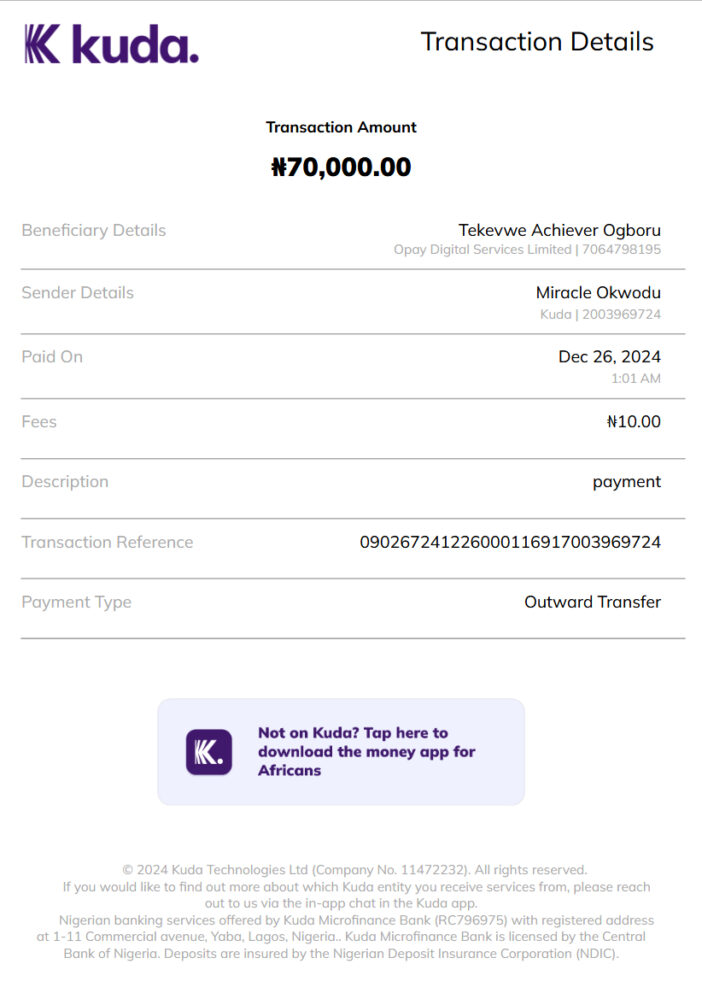Nigeria Opay Transfer Receipt Template in Word and PDF Format
