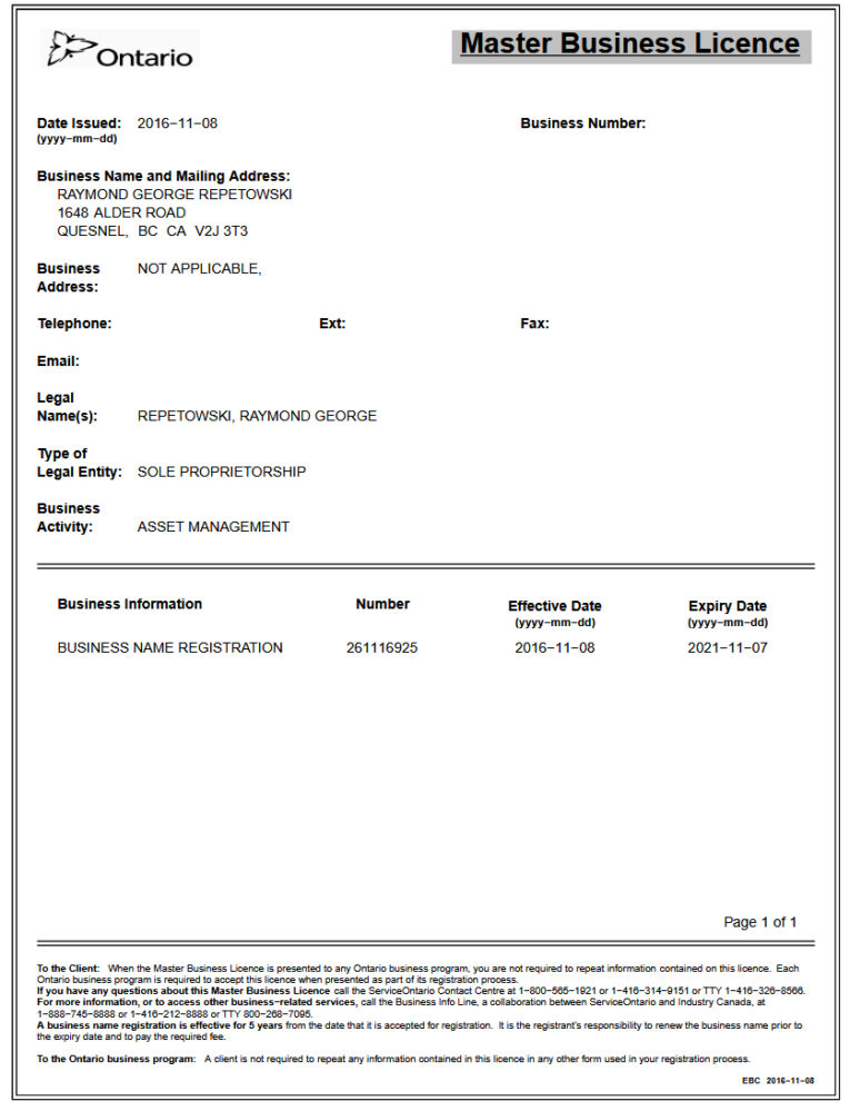 Ontario Master Business License Template in Word and PDF Format