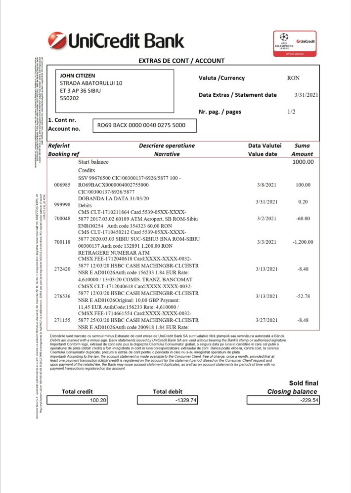 Romania UniCredit Bank Statement Template 2 pages