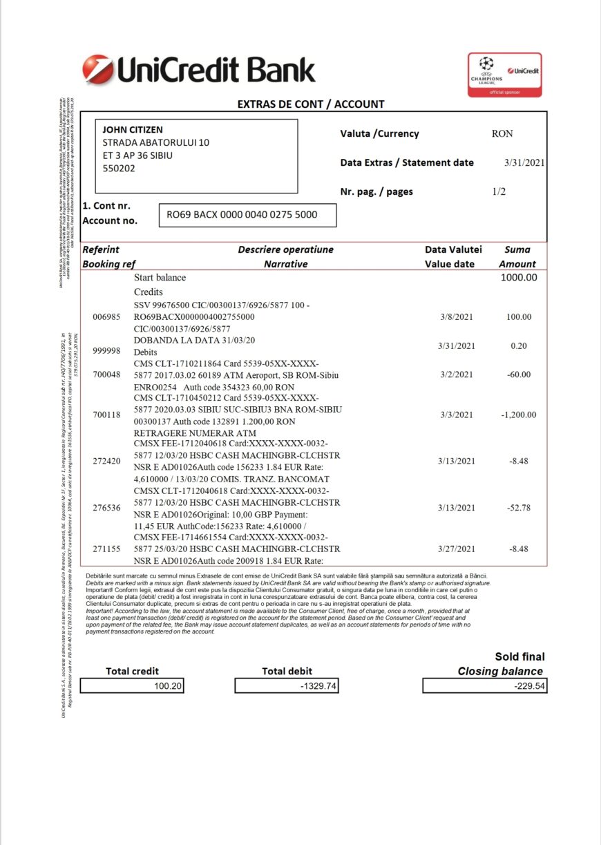 Romania UniCredit Bank Statement Template 2 pages