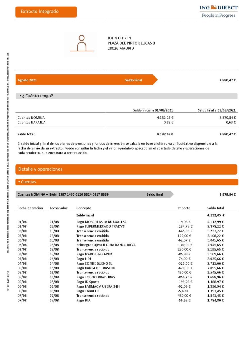 Spain ING Direct Bank Statement Word And PDF Template 3 Pages