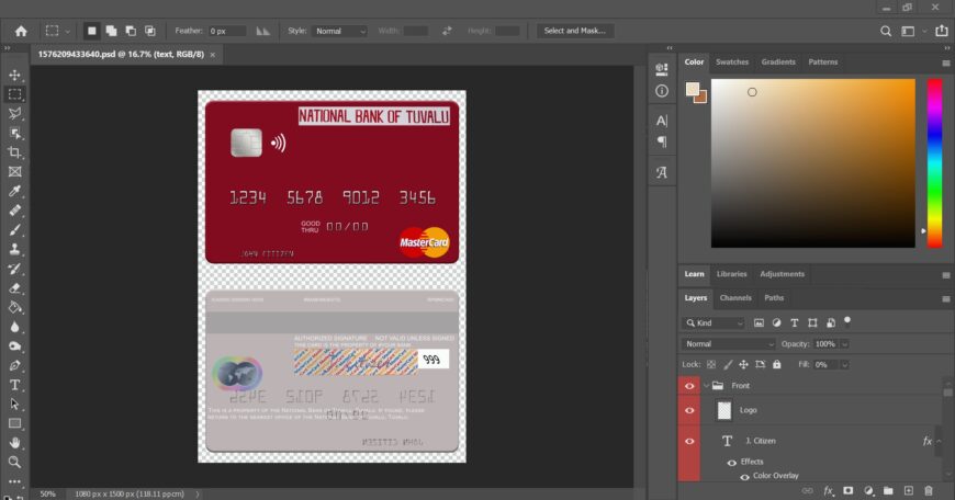 Tuvalu National Bank Of Tuvalu MasterCard PSD Template