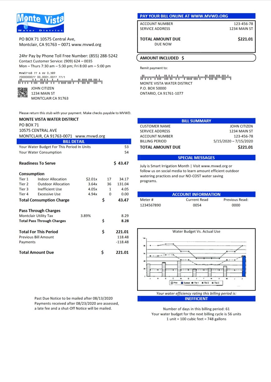 USA California Monte Vista Water District Utility Bill Word And PDF Template