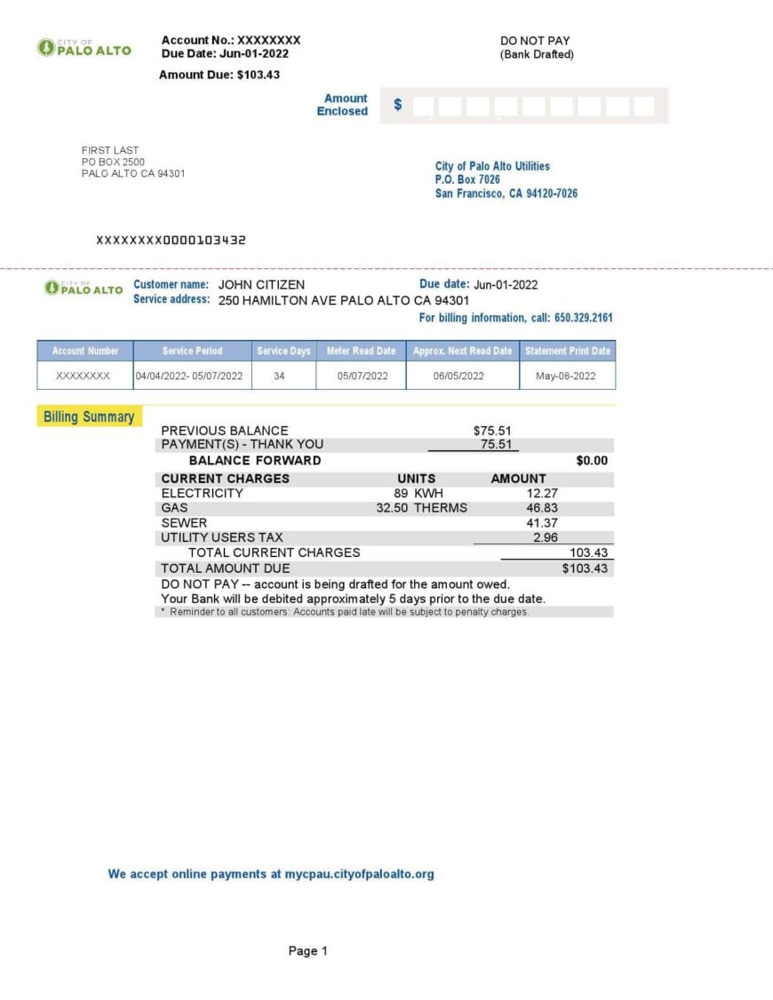 USA California Palo Alto Utility Bill Word And PDF Template 2 pages