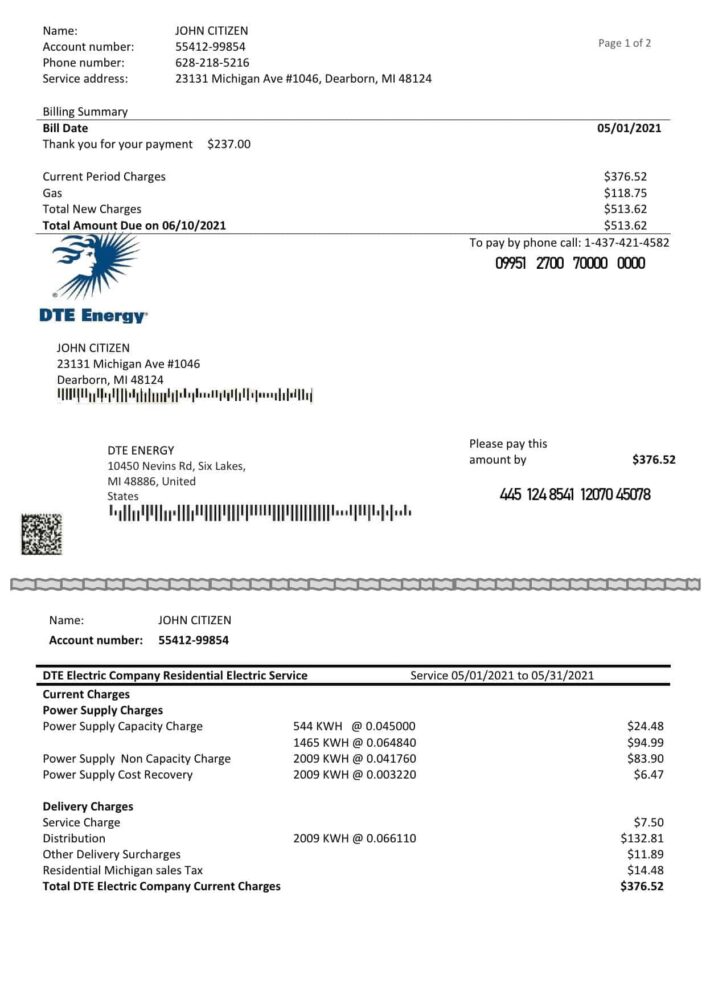 USA DTE Energy Utility Bill Word And PDF template 2 Pages