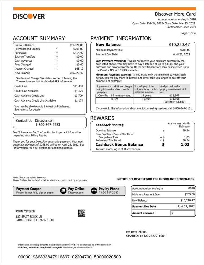 USA Discover Credit Card Statement Word And PDF Template 6 pages