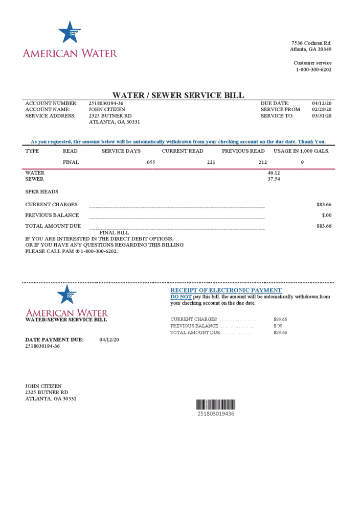 USA Georgia American Water Utility Bill Word And PDF Template